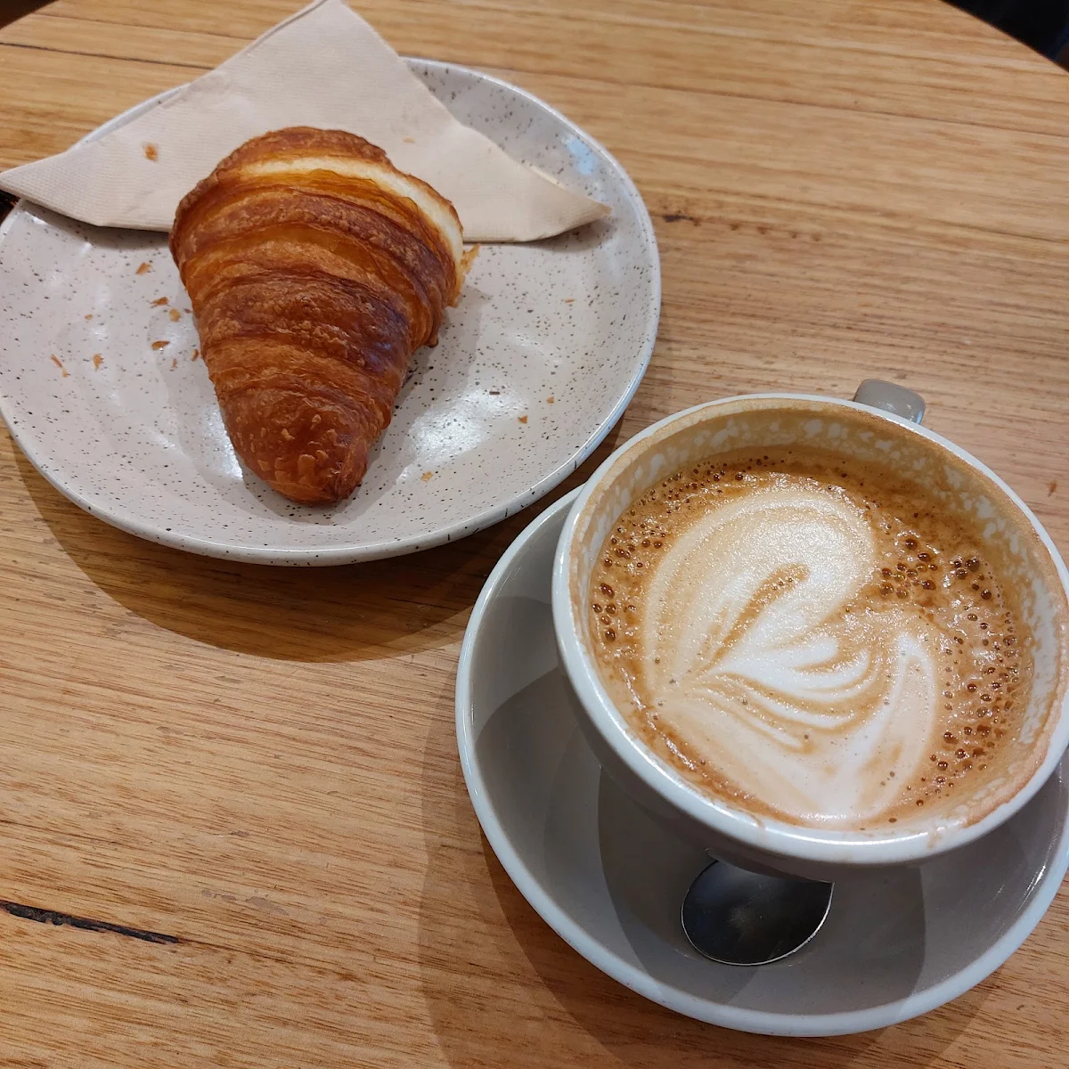 Vegan Croissant with Oat Latte Batch Brew and Non Vegan Raisin Roll