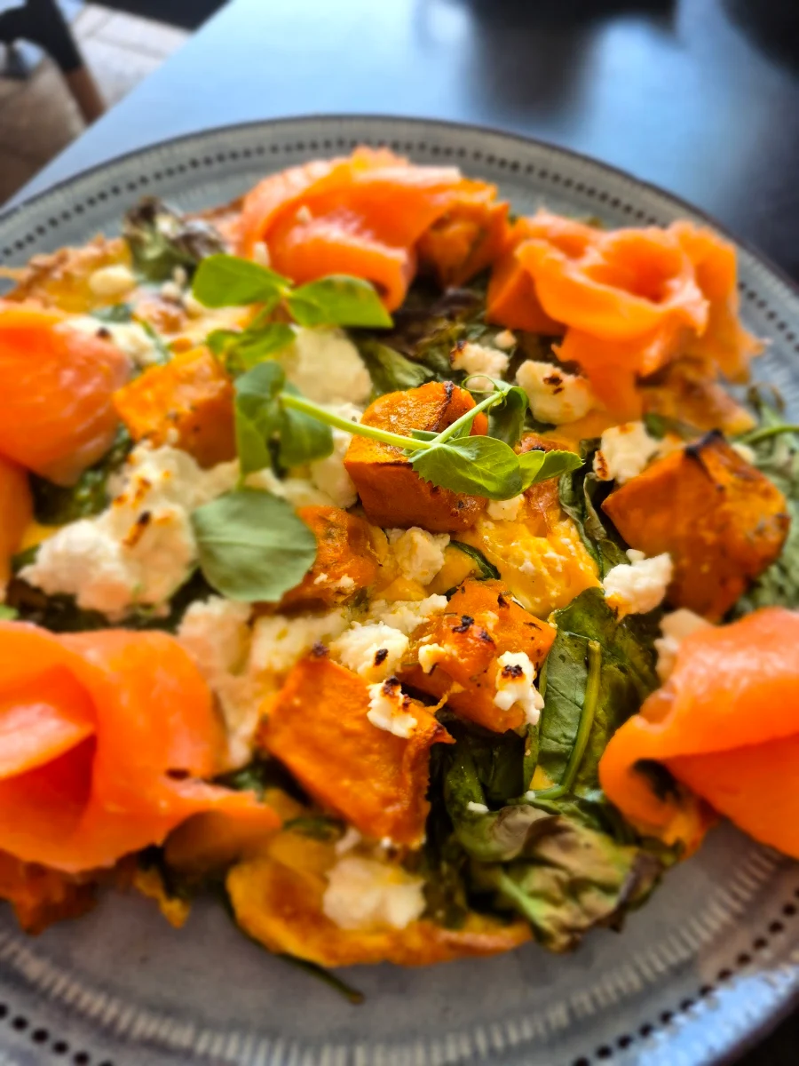 Spanish Ommette with Roast Pumpkin Fetta with Smoked Salmon
