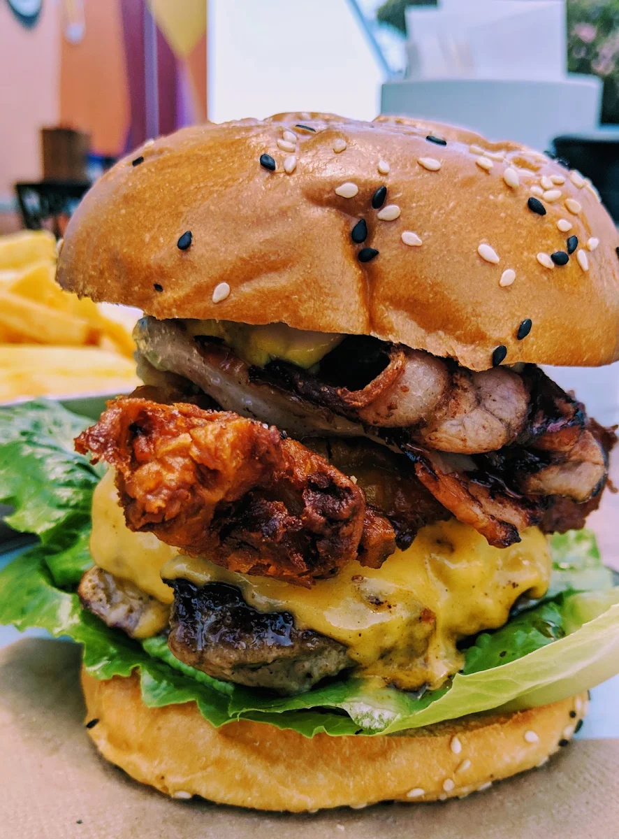 Pickled Bull Burger with Added Fried Chicken and Bacon