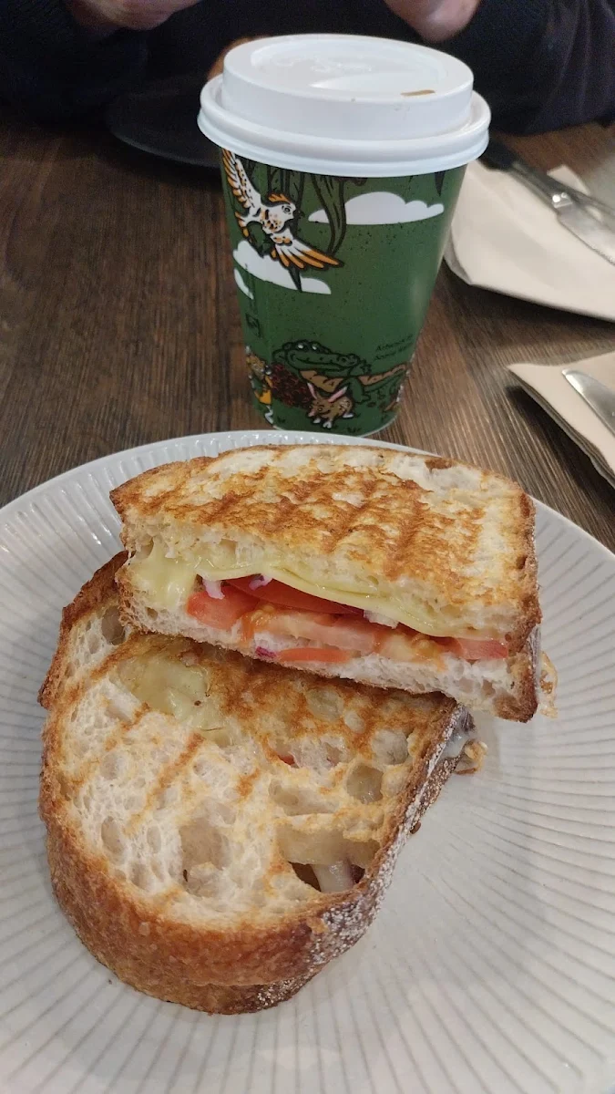 Cheese Tomatoe Raw Onion Toastie with Hot Latte