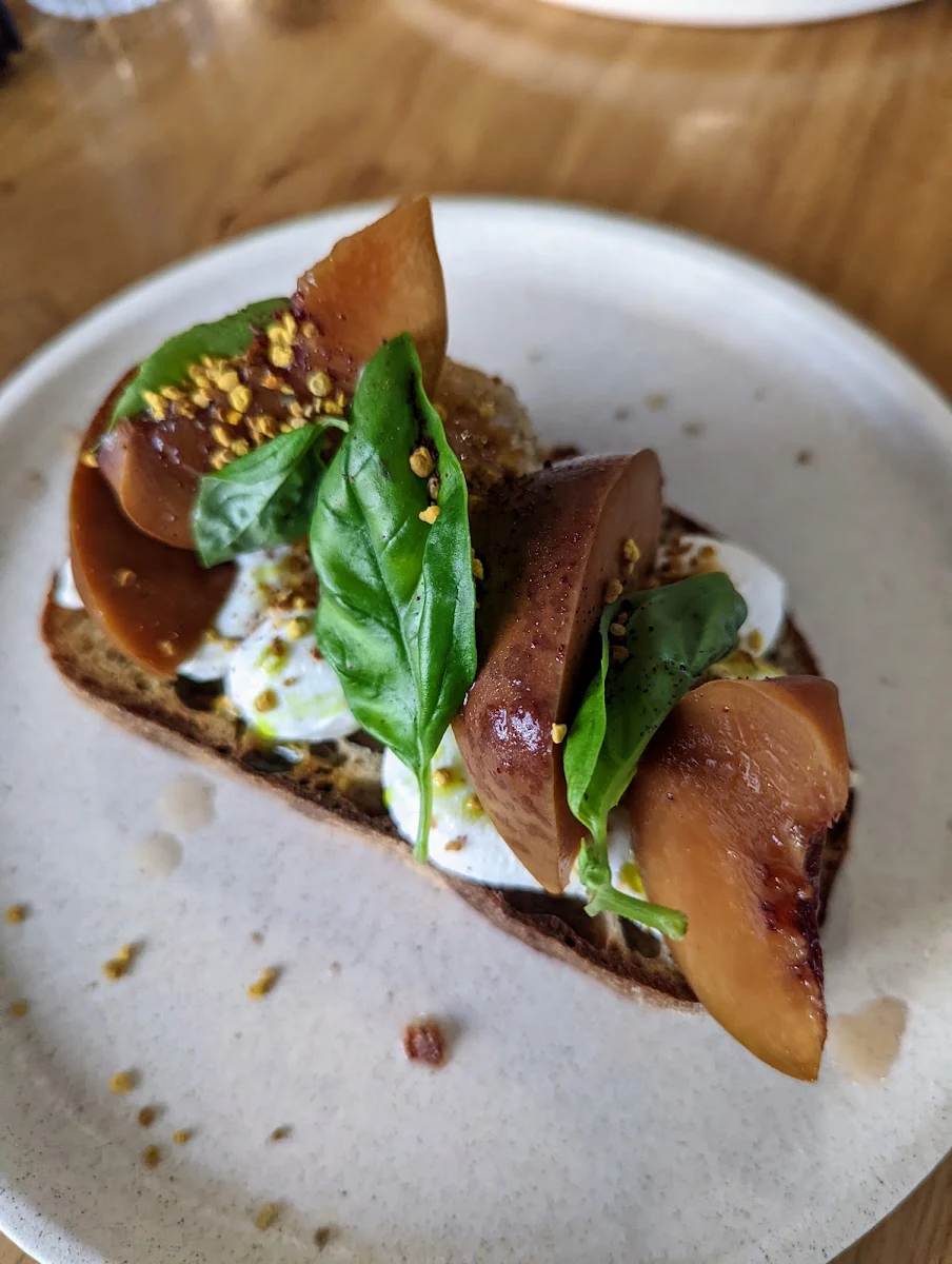 Pickled Peach Ricotta and Basil on Sourdough