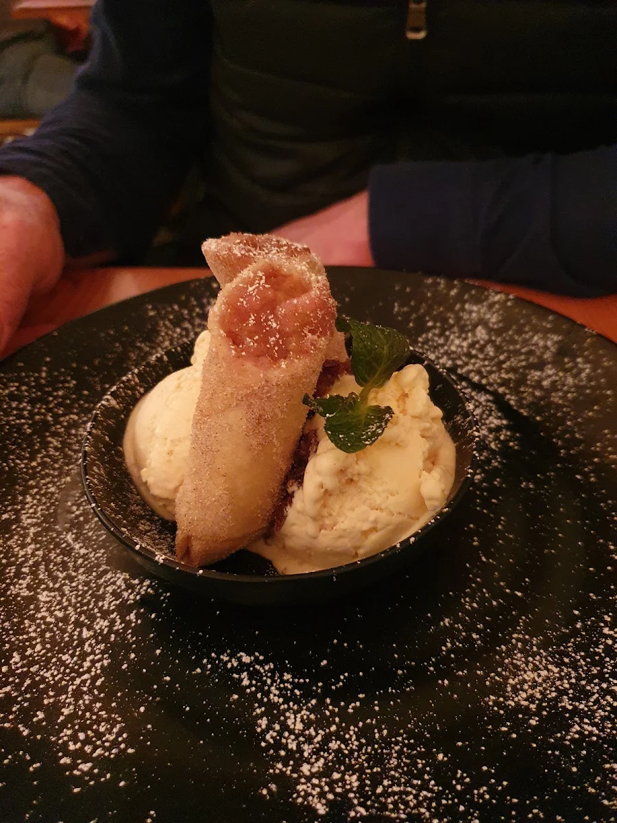 Rhubarb and Pear Spring Roll with Chai Ice Cream