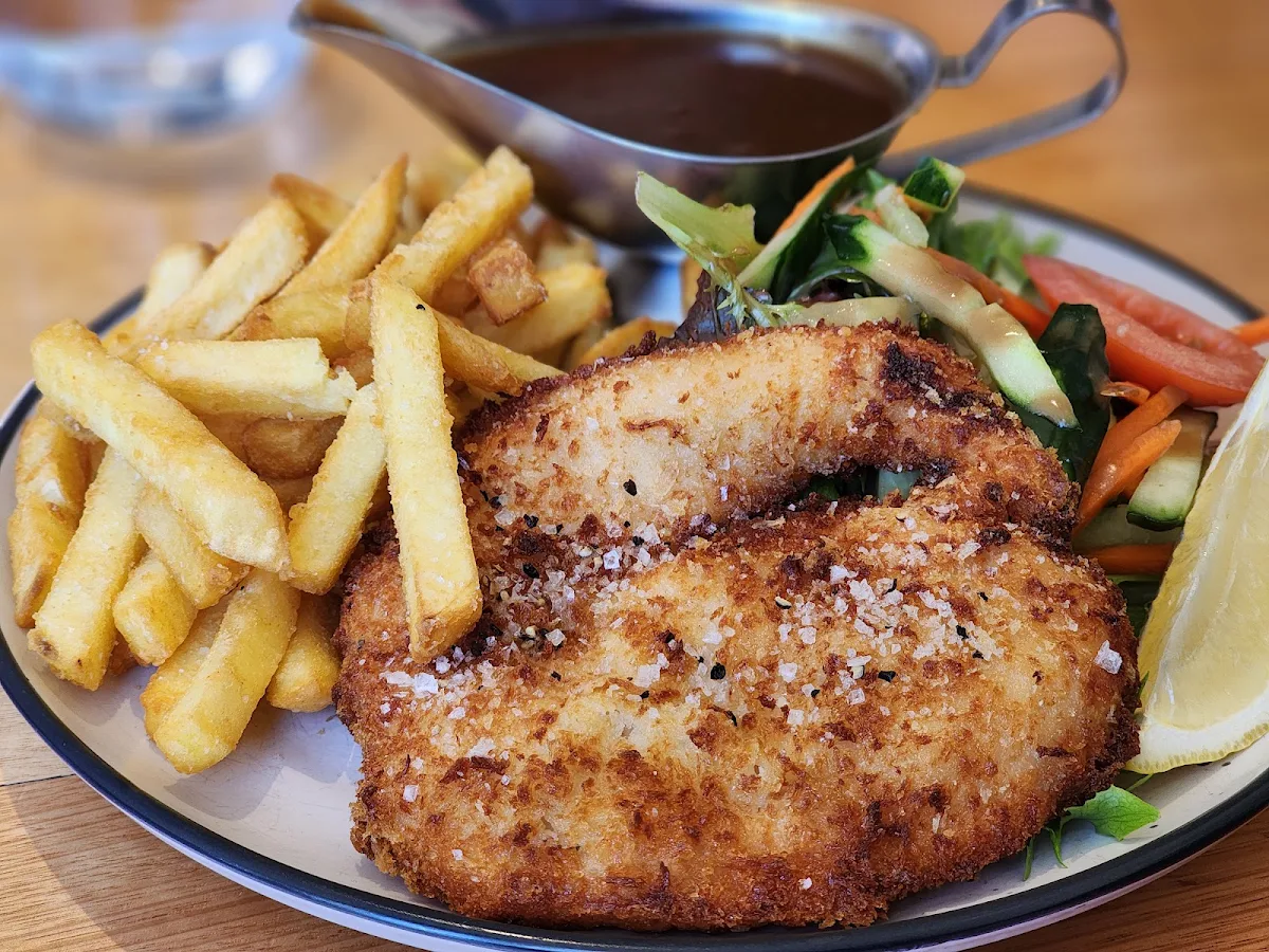 Chicken Schnitzel Chips and Vegetables