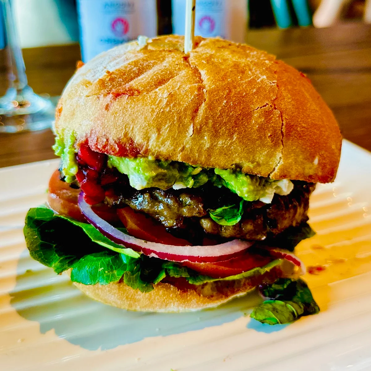 Mary’S Little Lamb Burger with Goats Cheese Avocado Pomegranate Fresh Mint Cos Lettuce Tomato