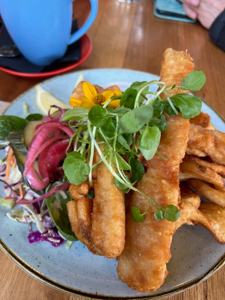 Tempura-Battered King George Whiting with Mushy Peas House Tartare Curry Sauce and Chips