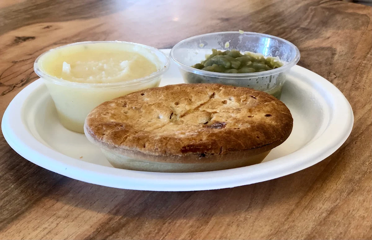 The Ned Kelly Breakfast Pie with Mushy Peas and Mashed Potato
