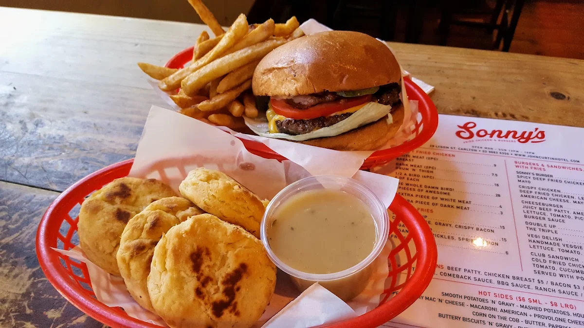 Cheeseburger with Fries and Buttery Buttermilk Biscuits with House Gravy