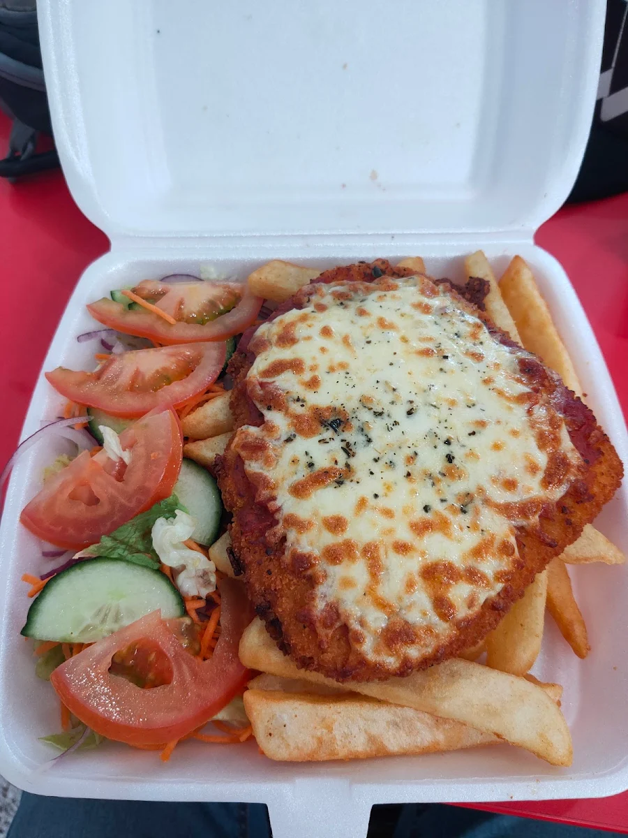 Chicken Parmigiana with Chips & Salad