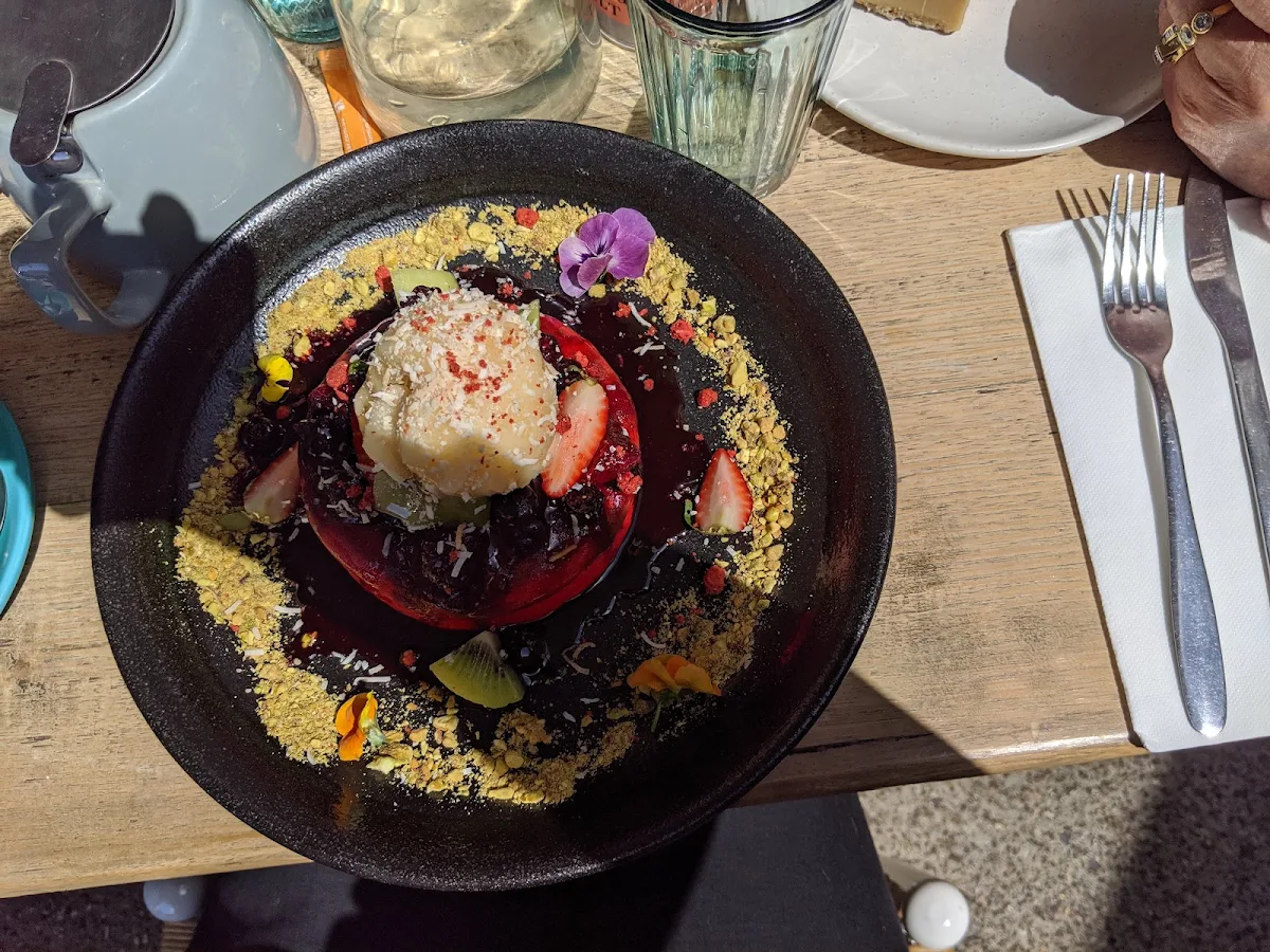 Red Velvet Pancakes with Passion Fruit Sorbet