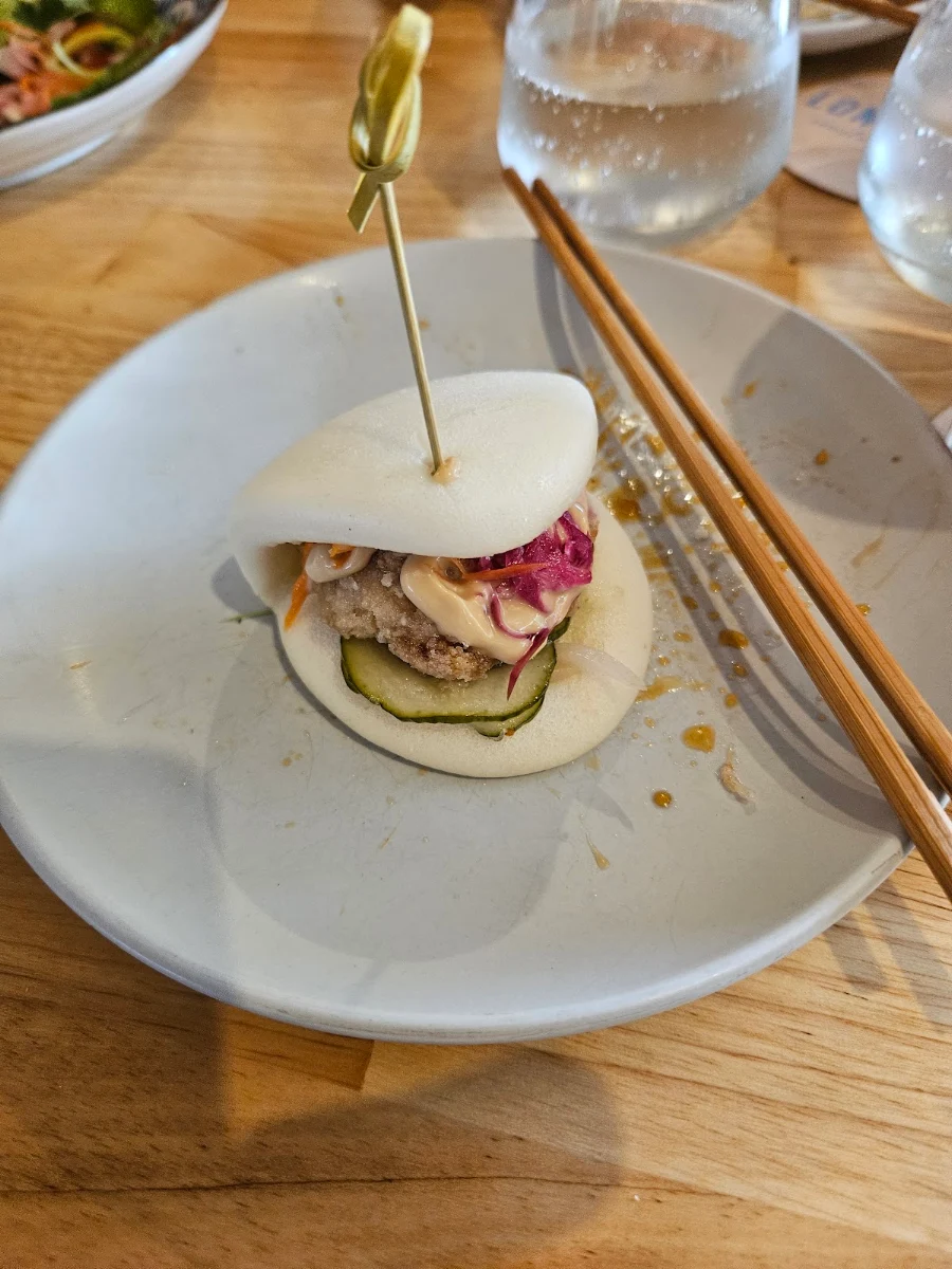 Tempura Bug Bao Kaffir Lime Mayo Sriracha Drizzle Baby Gem Lettuce