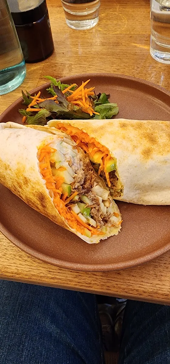 Pulled Pork Wrap with Green Apple Mayonnaise Shredded Carrot and Cheese