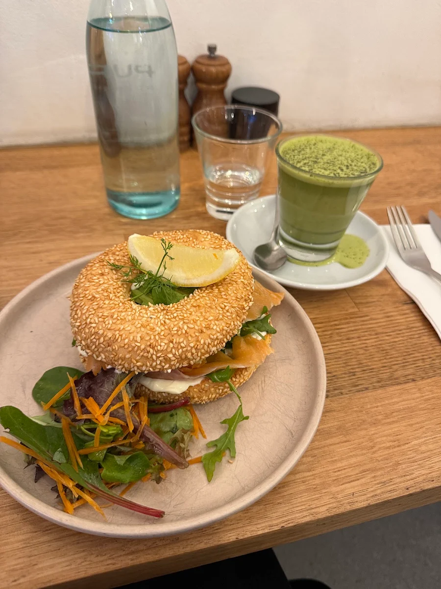 Salmon Bagel with Cream Cheese Avocado Dill and Rocket