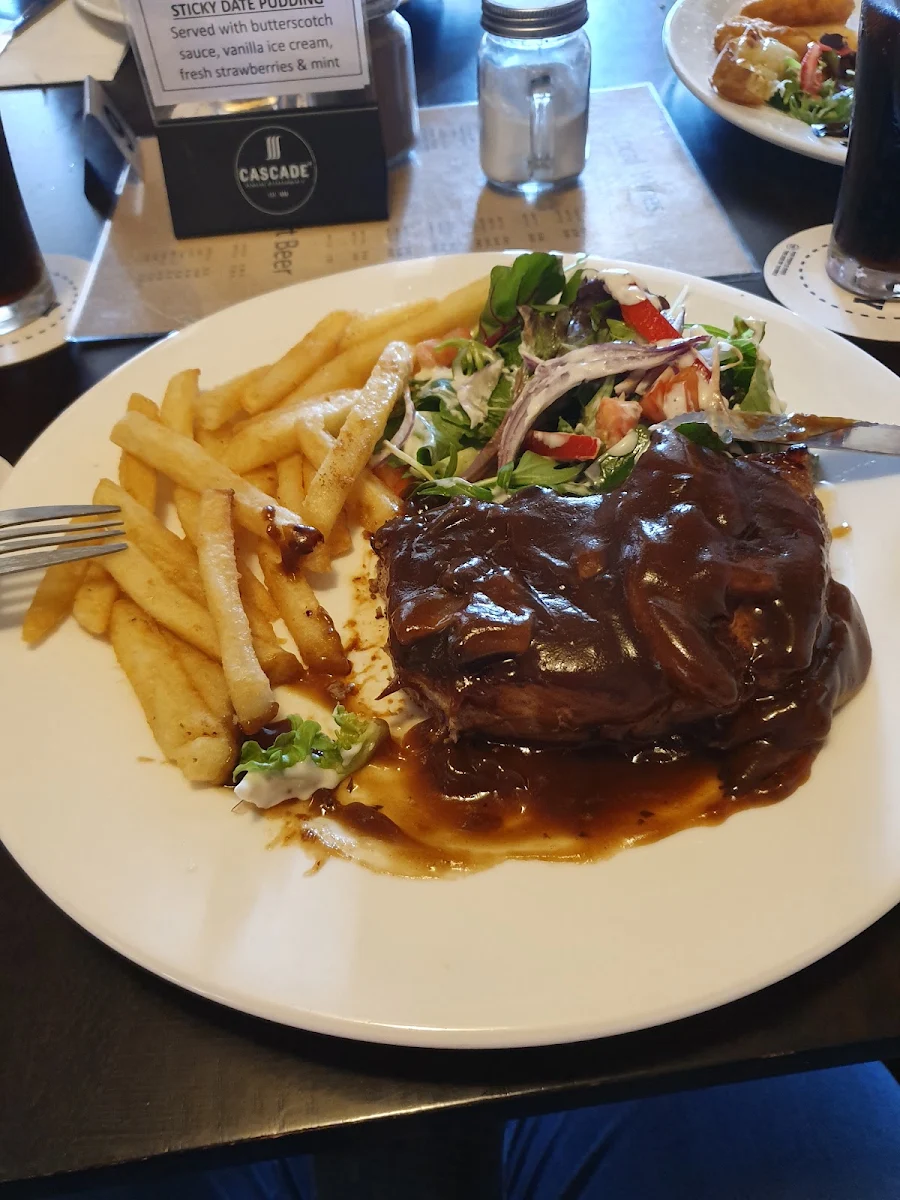 Scotch Fillet with Chips Salad and Mushroom Gravy