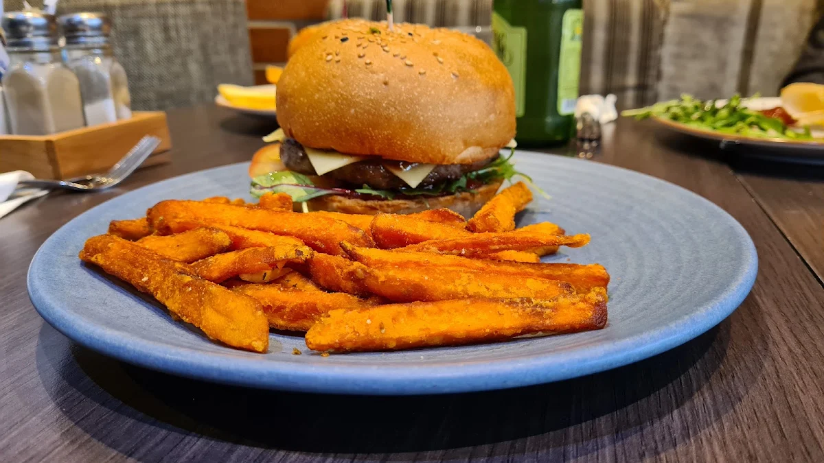 Burger and Sweet Potato Chips