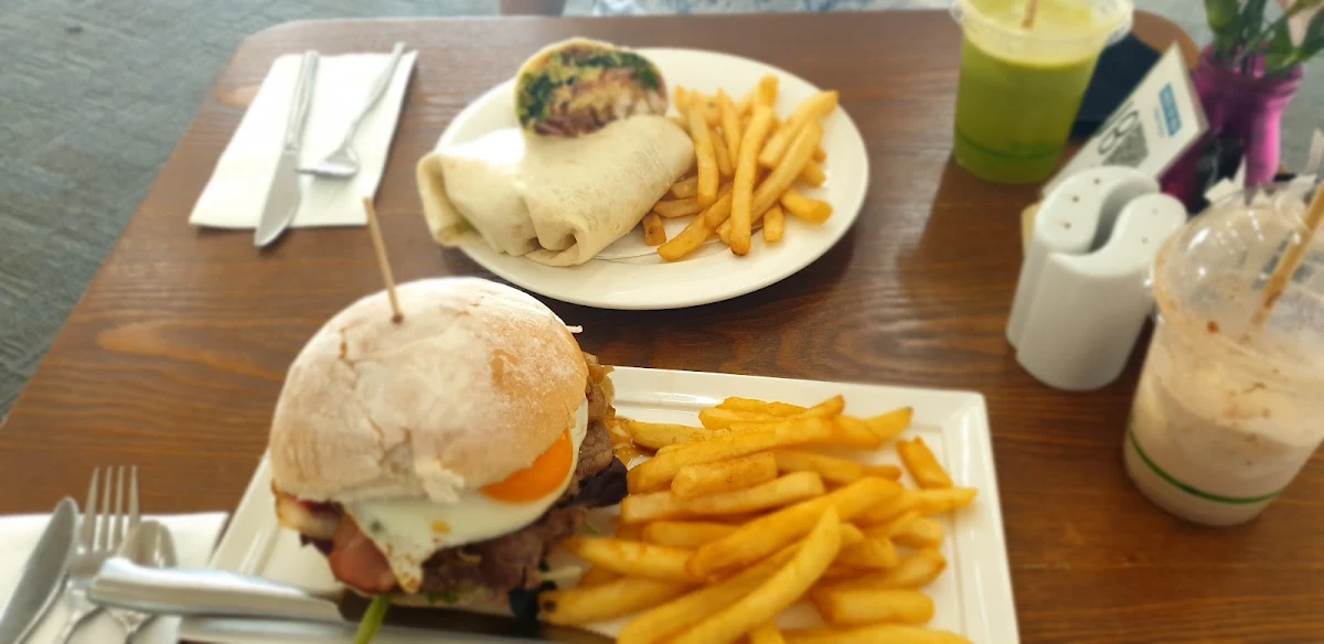 Terriaki Chicken Wrap and Steak Burger and Fries