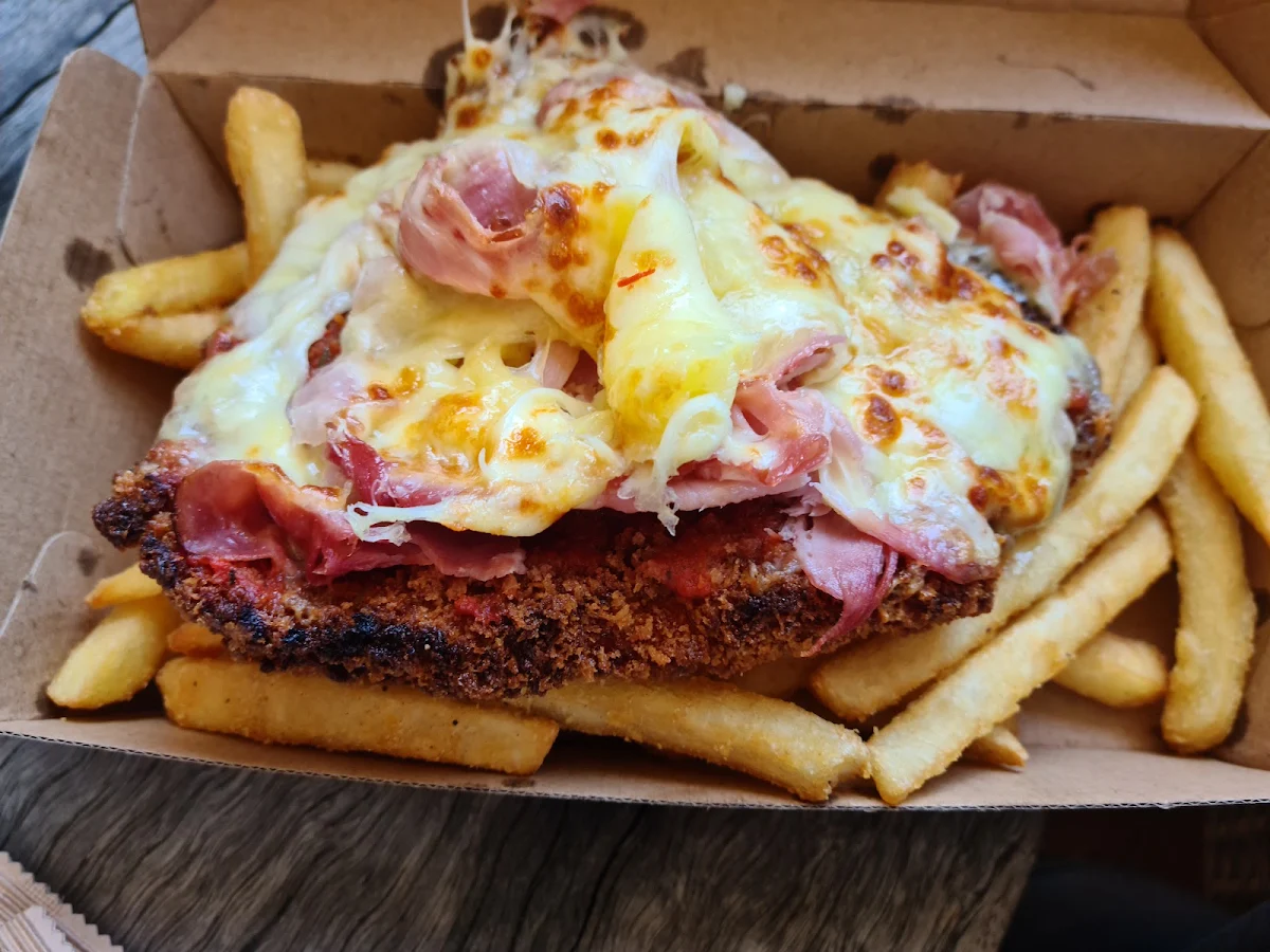 Chicken Schnitzel with Bacon and Chips