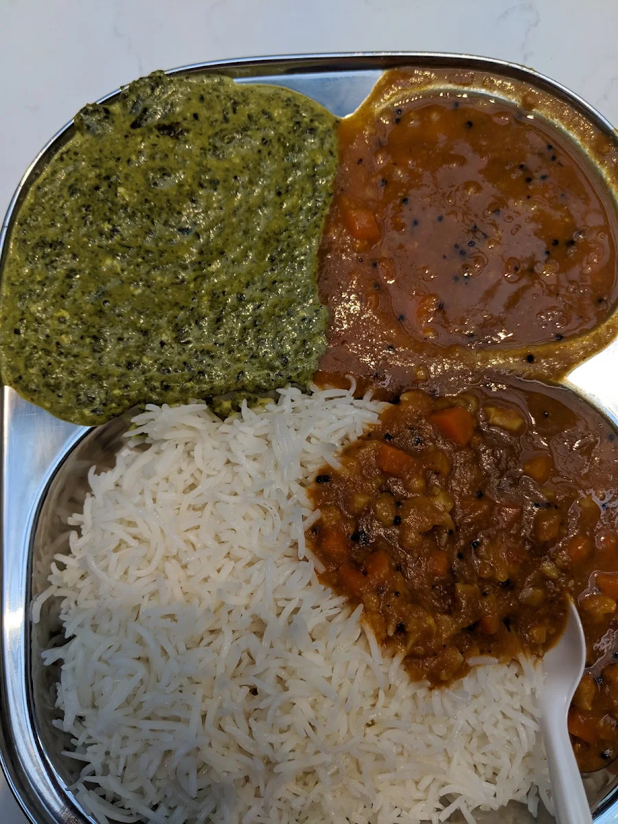 Rice with Sambhar and Palak Paneer Curry