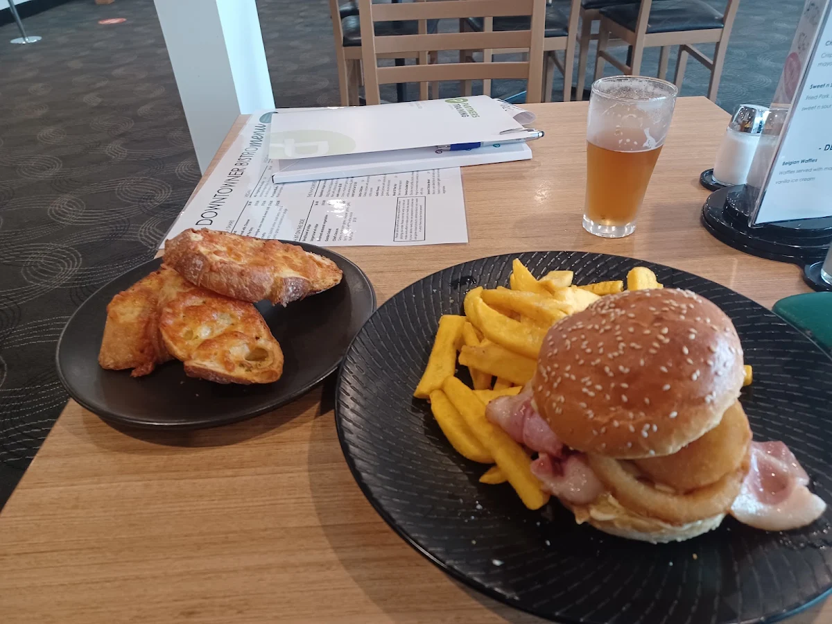 Two Tower Burger and Fries with Garlic Cheese Bread