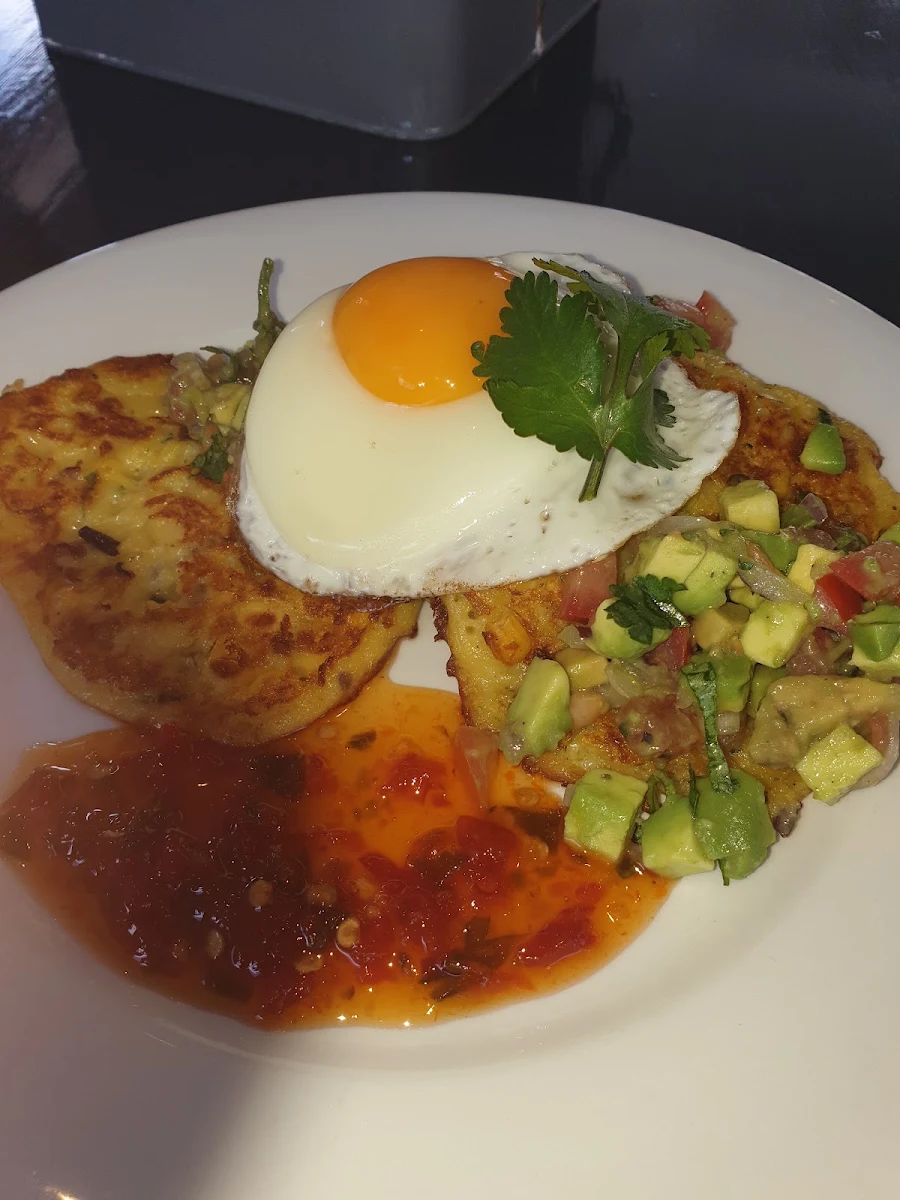 Corn Fritters Avocado Salsa Soft Fried Egg and Chilli Jam