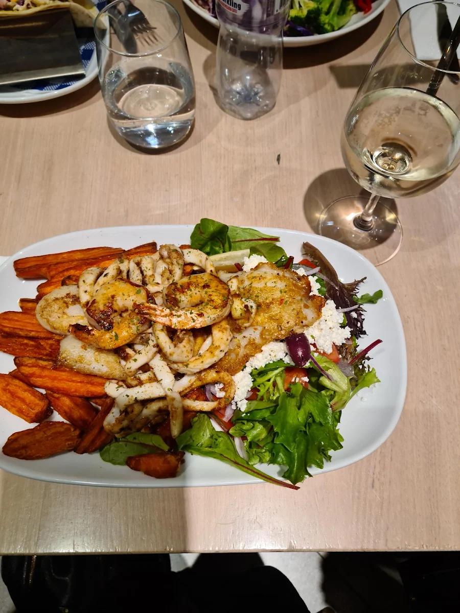 Seafood Deluxe with Sweet Potato Wedges