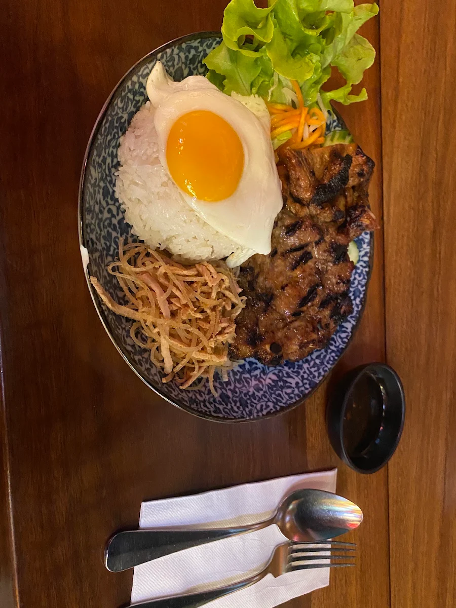 Grilled Pork Cutlet with Shredded Pork and Sunny Side Egg with White Rice