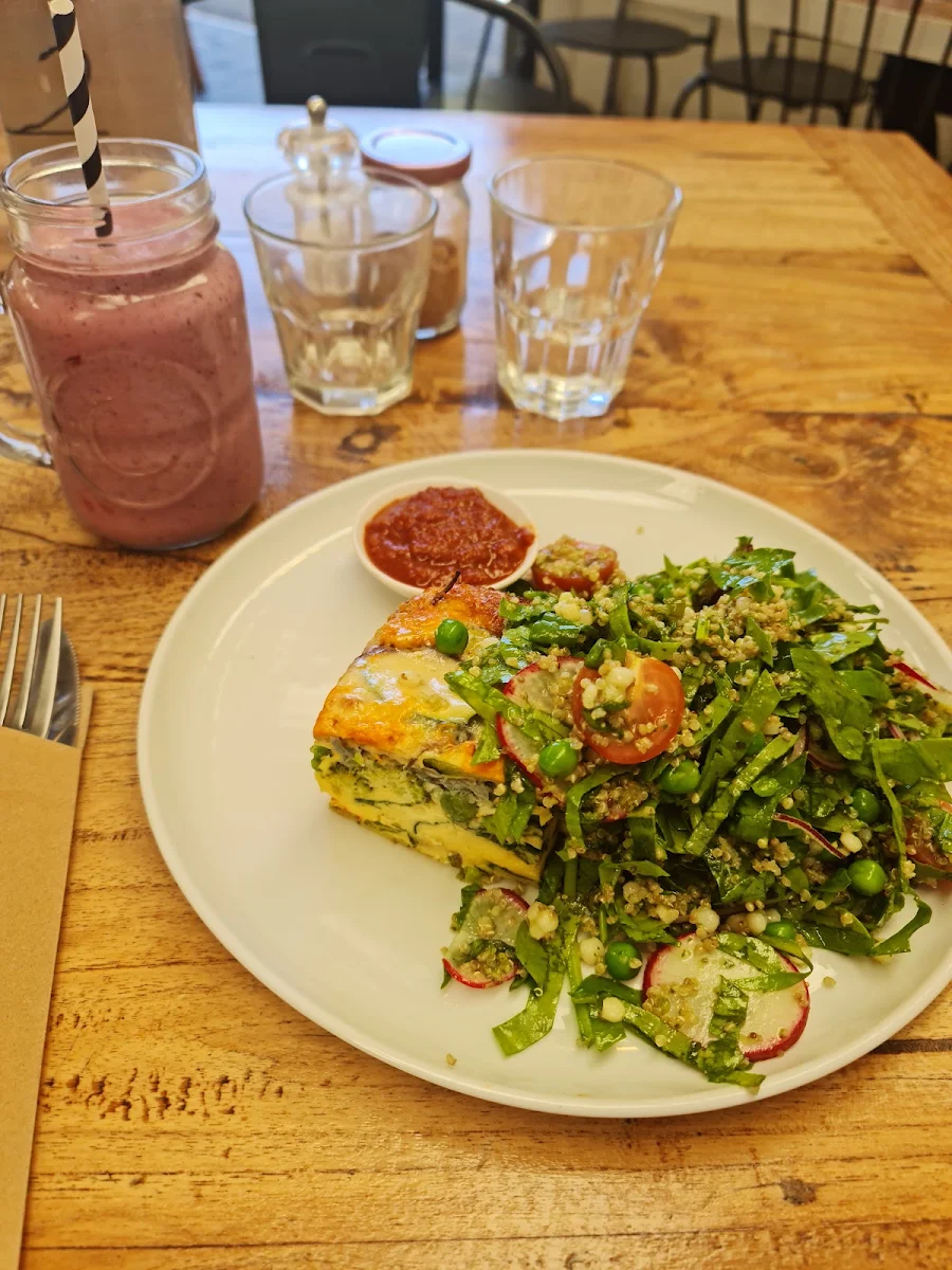 Vegetable Frittata with Side Salad Drink Berry Blitz Smoothie