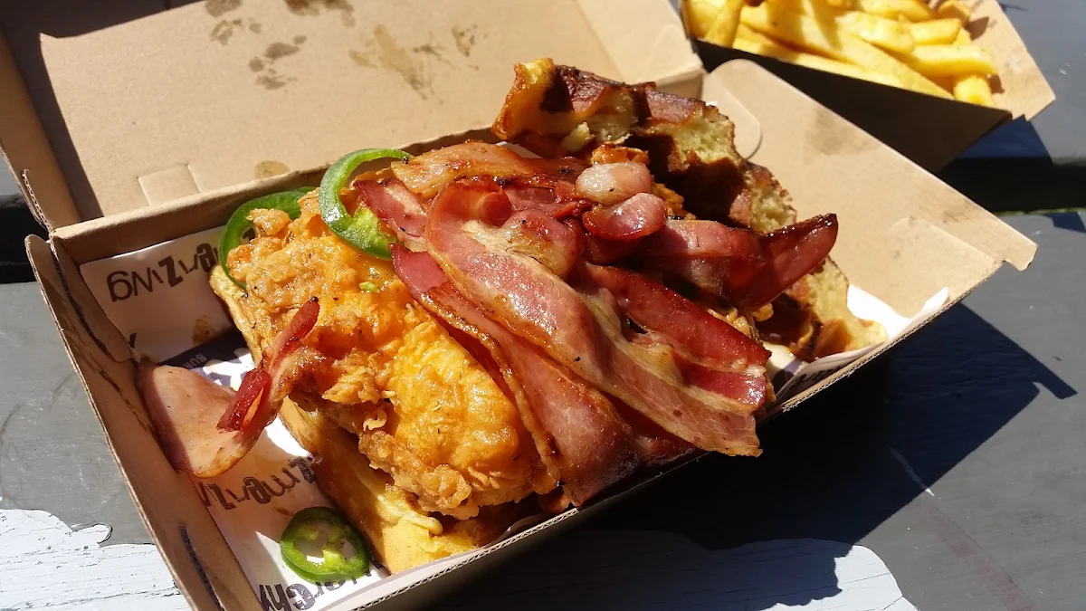 Chicken Waffles Bacon and Maple Syrup