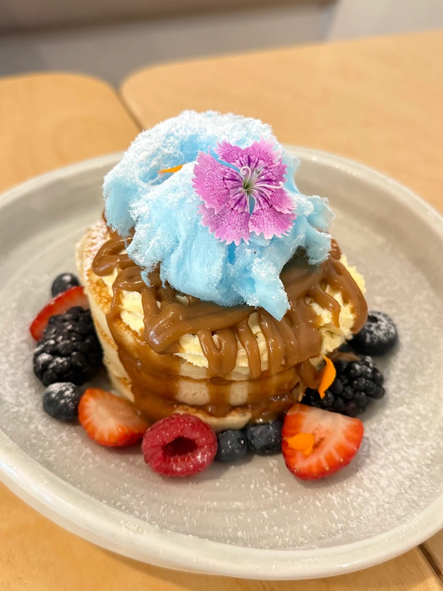 Buttermilk Pancakes Yuzu Mascarpone Cheese Fairy Floss Fresh Berries & Pure Maple Syrup