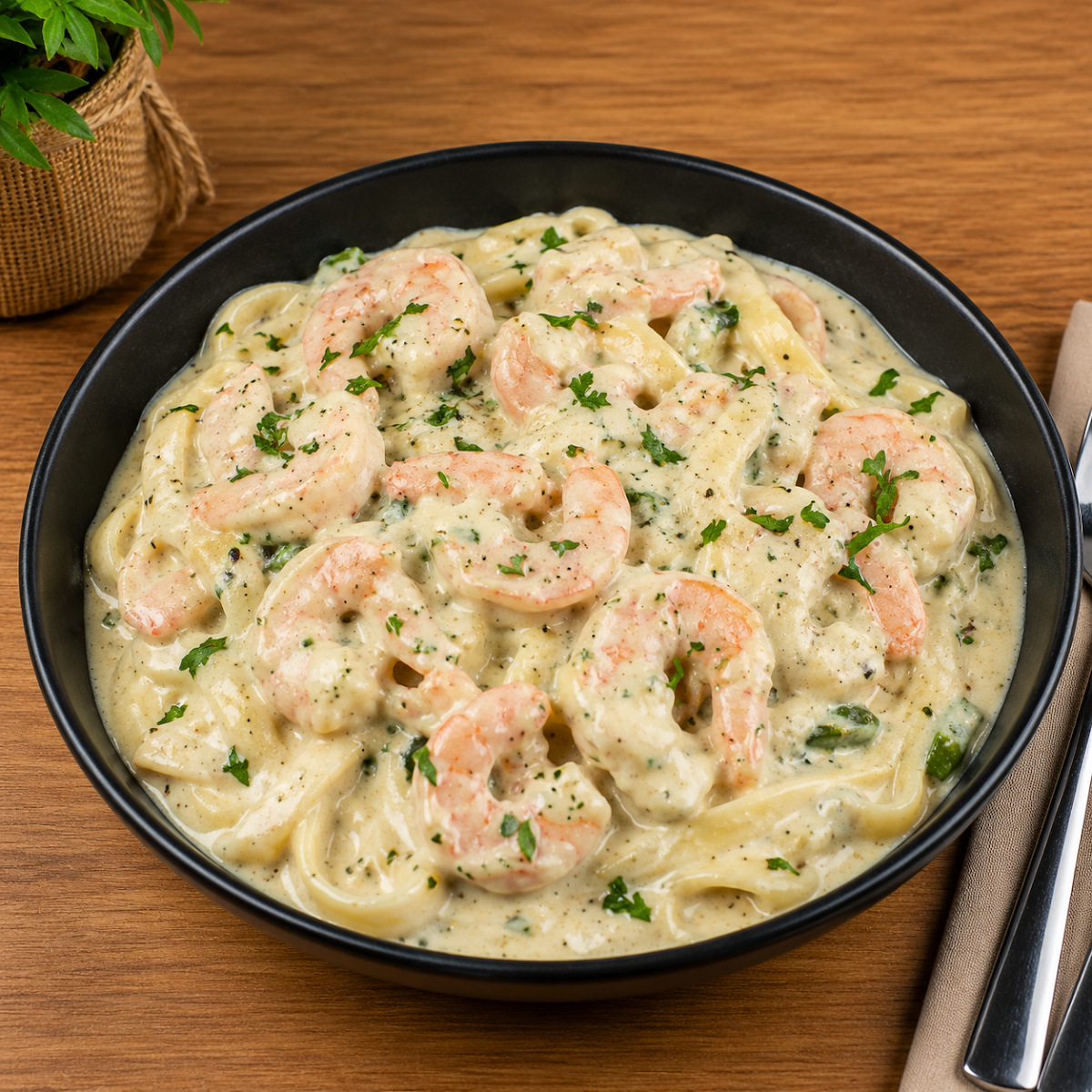 Cream Garlic Prawns with Fettuccine