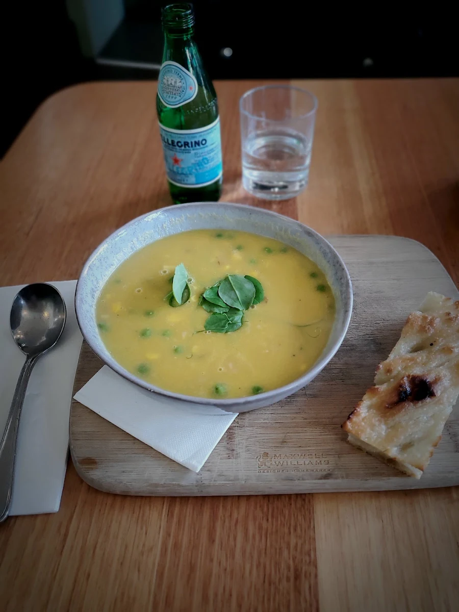 Ham Hock Pea and Corn Soup Served with Toasted Focaccia