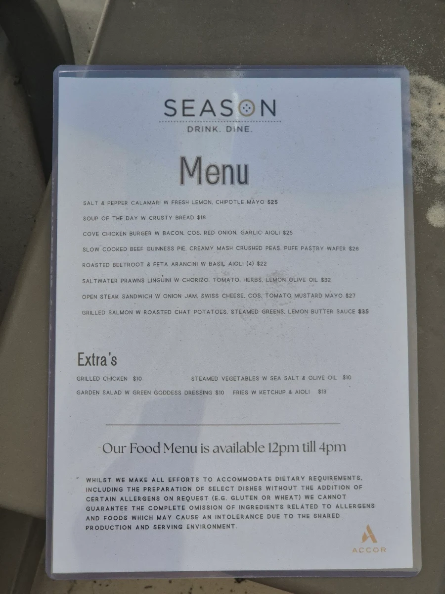 Menu, Cove Bar & Poolside Dining