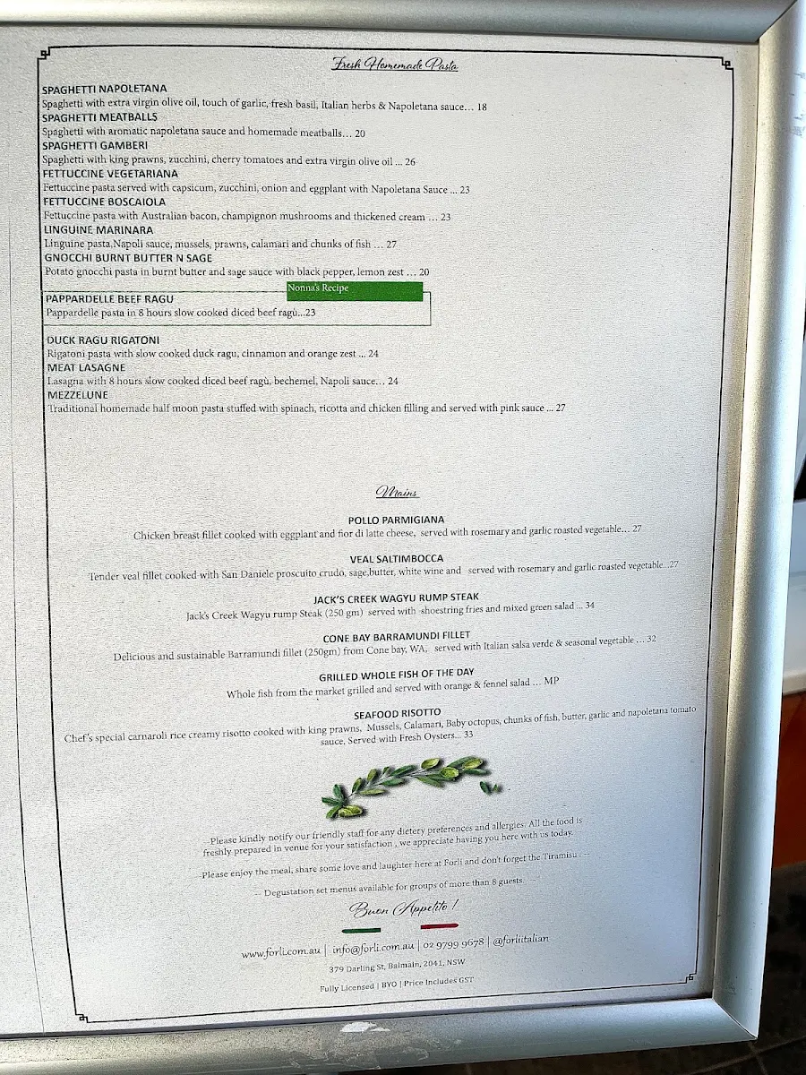 Menu, Forli Italian Restaurant