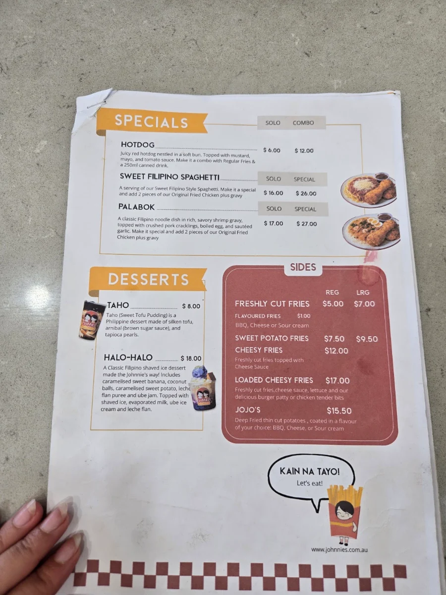 Menu, Johnnie's Windsor