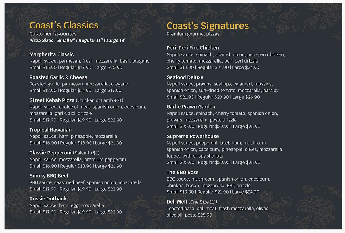 Menu, Coast & Crust