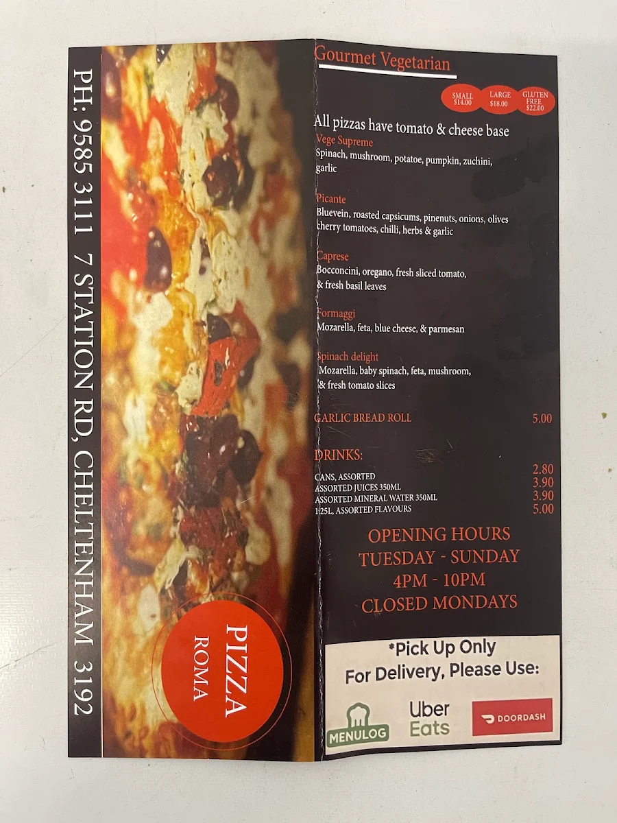 Menu, Pizza Roma