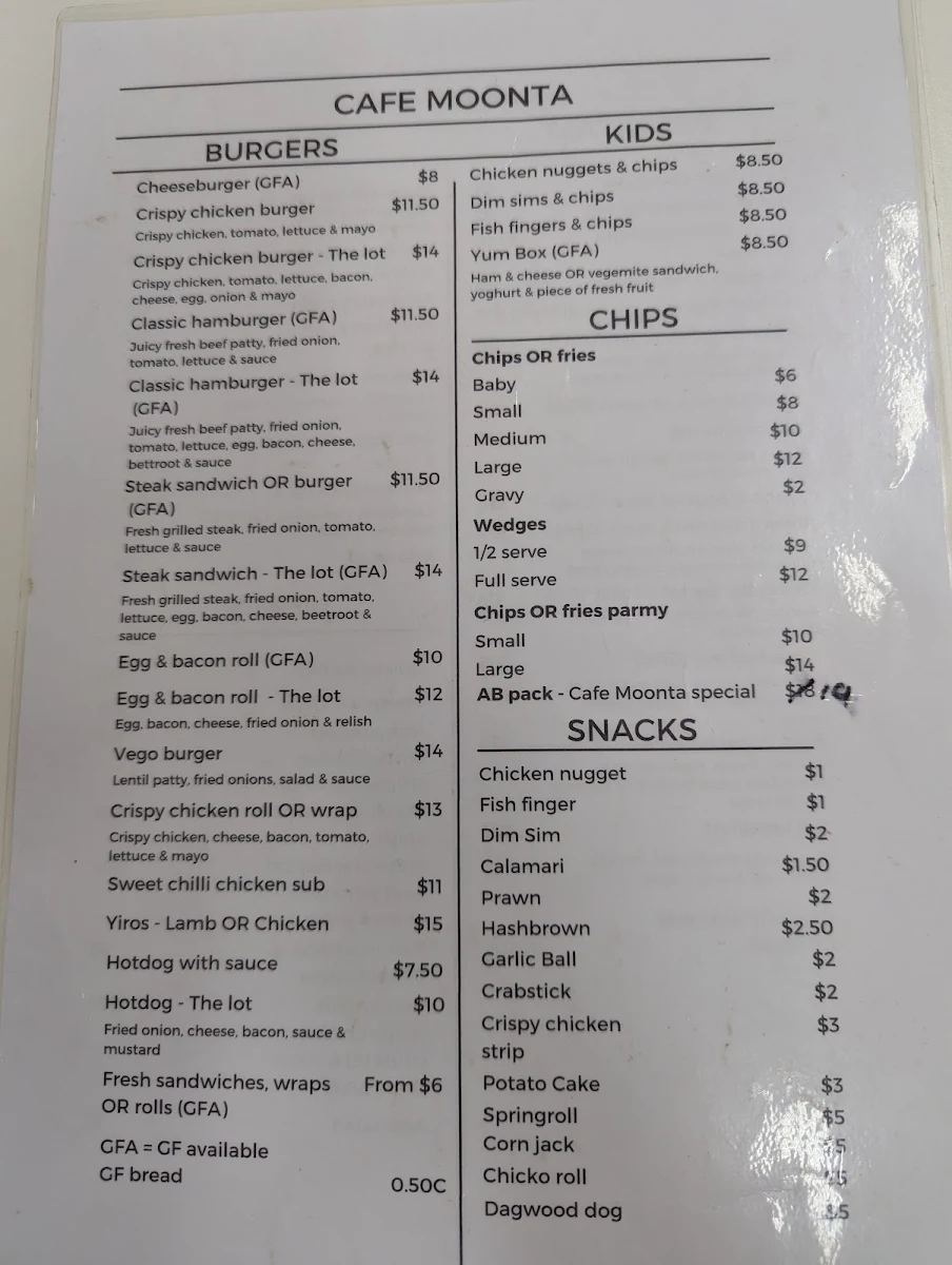 Menu, Cafe Moonta - Takeaway & Dine in