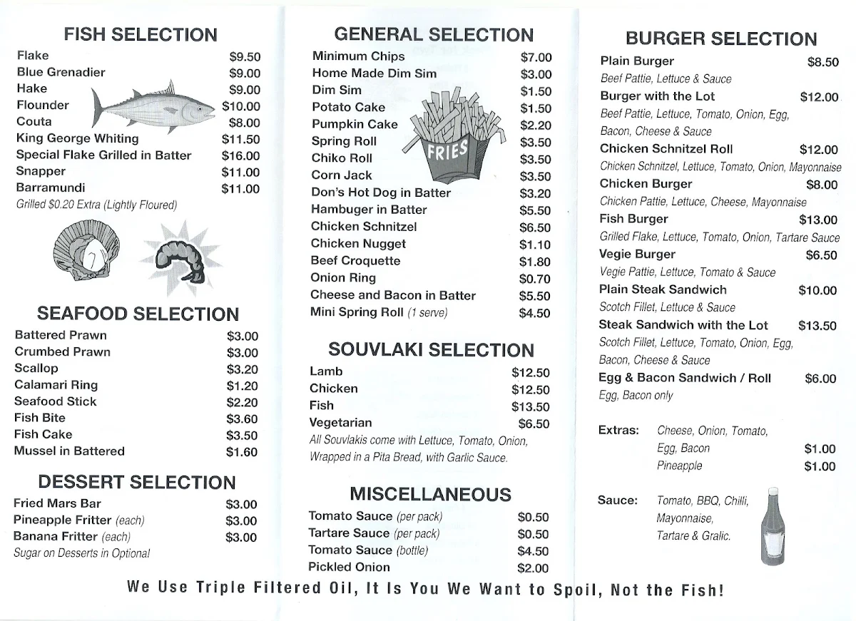 Menu, Westmeadows Fish & Chip Shop