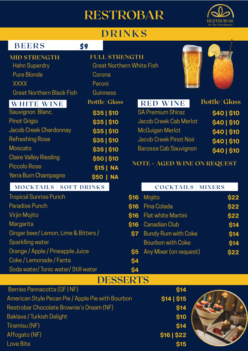 Menu, Restrobar Goondiwindi