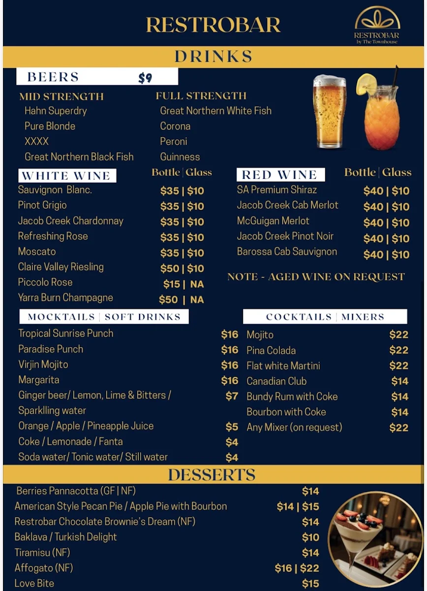 Menu, Restrobar Goondiwindi