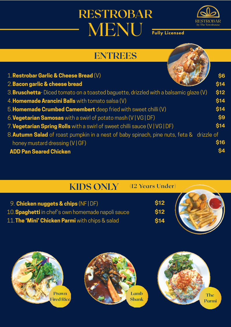 Menu, Restrobar Goondiwindi