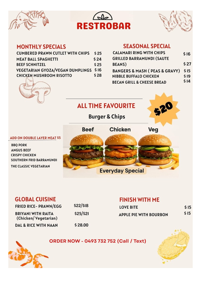 Menu, Restrobar Goondiwindi