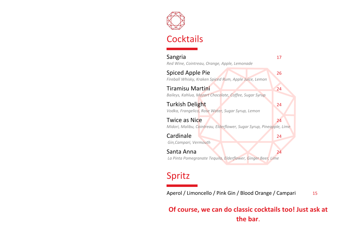 Menu, Lustre Bar