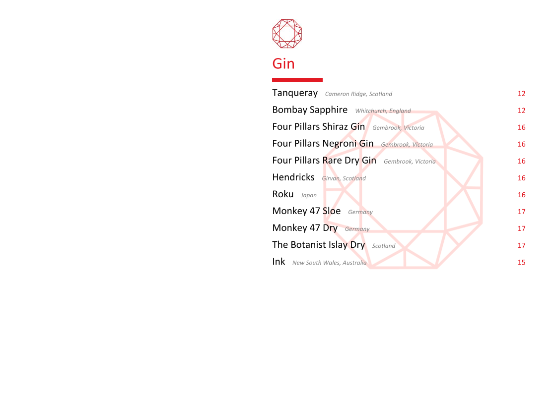 Menu, Lustre Bar