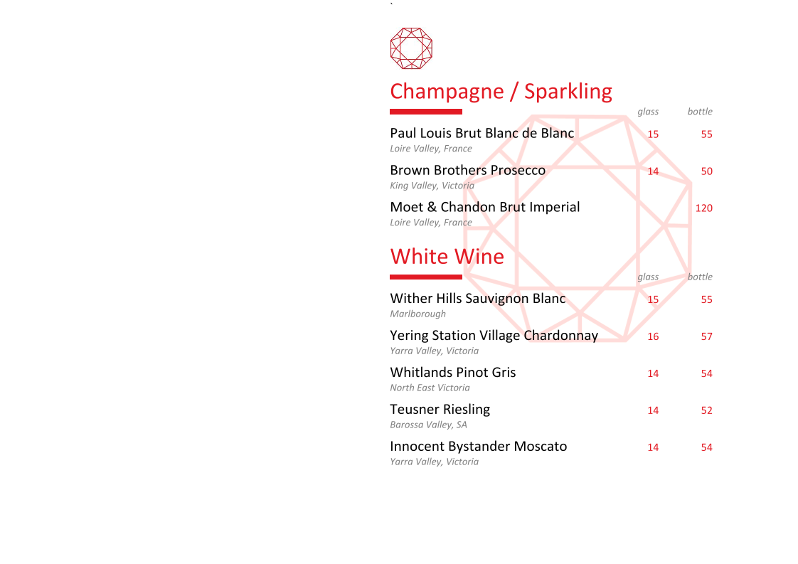 Menu, Lustre Bar