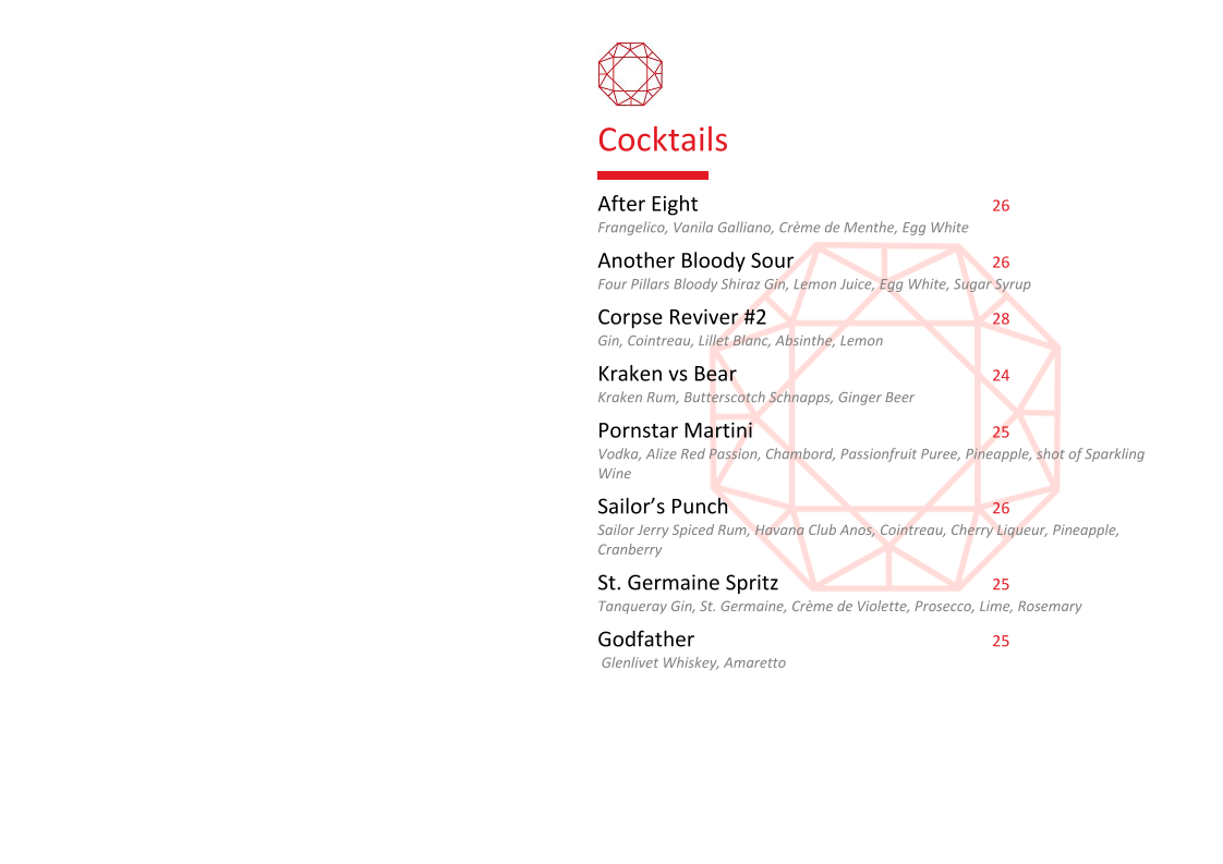 Menu, Lustre Bar