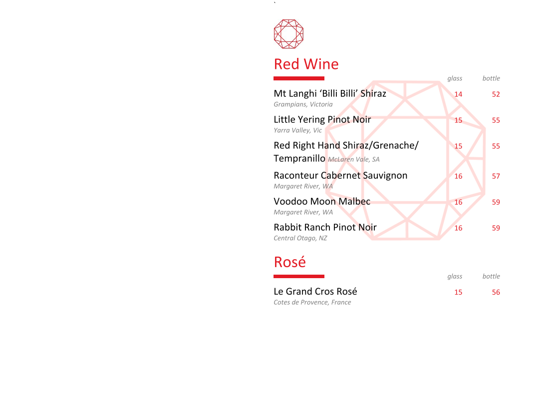 Menu, Lustre Bar