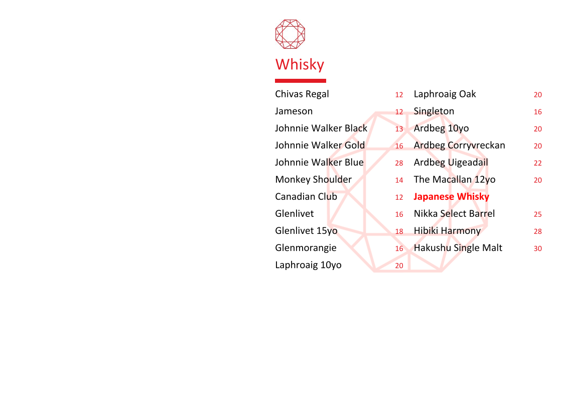 Menu, Lustre Bar