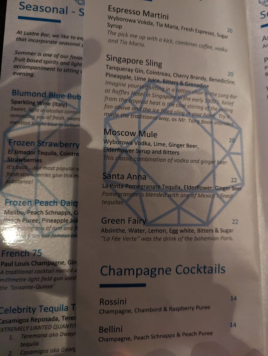 Menu, Lustre Bar