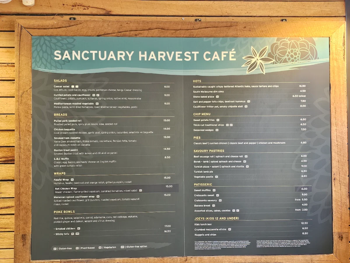 Menu, Sanctuary Harvest Zoo Cafe