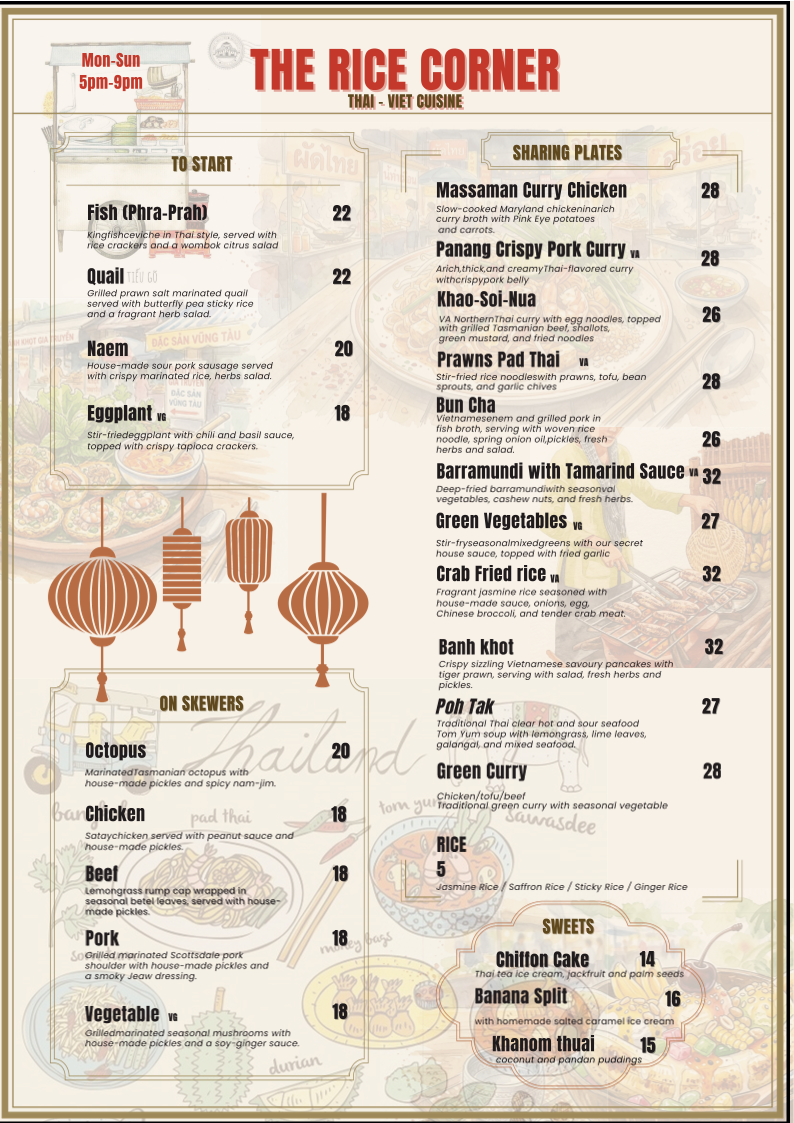 Menu, The Rice Corner